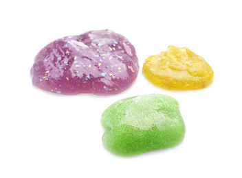 Photo of Colorful slimes isolated on white. Antistress toys