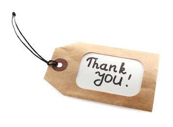 Photo of Cardboard tag with phrase Thank You isolated on white