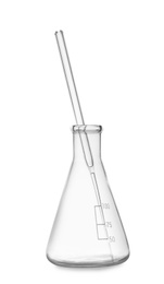 Photo of Conical flask with rod isolated on white. Laboratory glassware