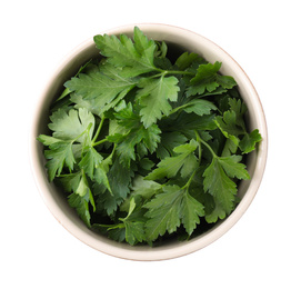 Photo of Fresh green parsley in bowl isolated on white, top view