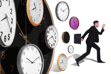 Image of Deadline management. Businessman running away and many clocks chasing him on white background