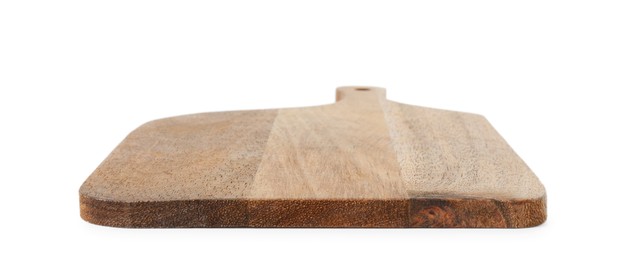 Photo of One wooden cutting board on white background