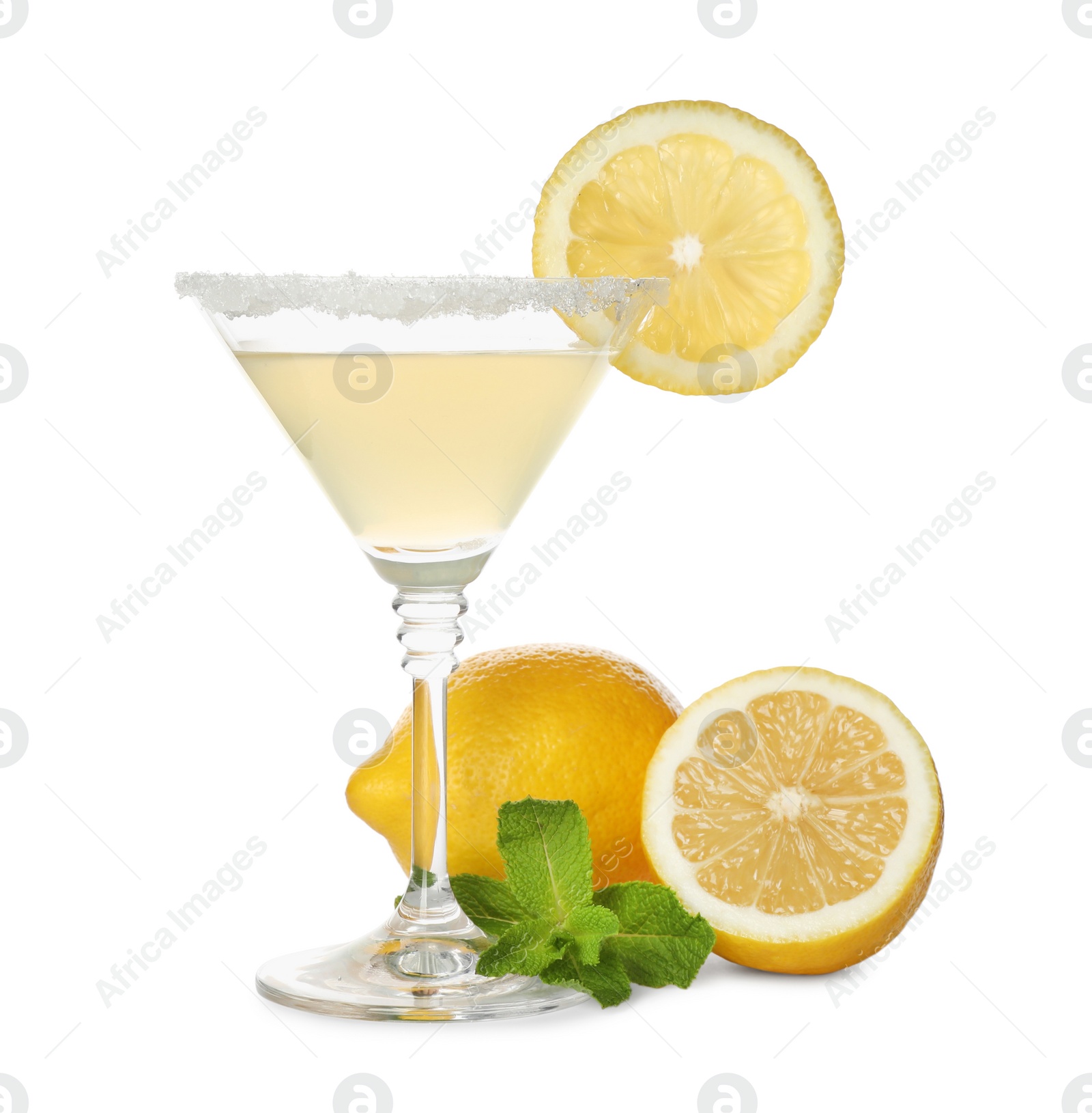 Photo of Lemon drop martini cocktail and fresh fruits on white background