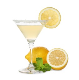 Photo of Lemon drop martini cocktail and fresh fruits on white background