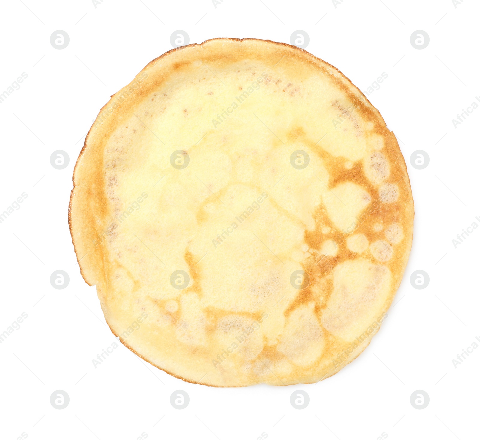 Photo of One delicious crepe isolated on white, top view