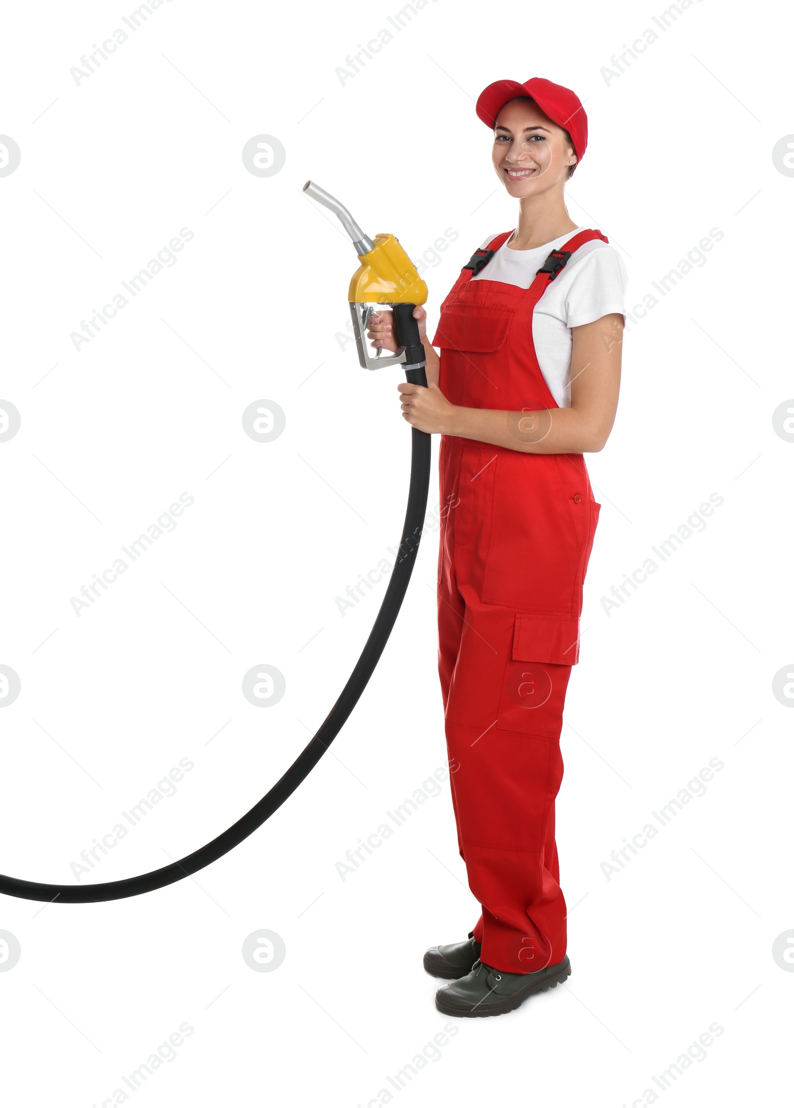 Photo of Gas station worker with fuel nozzle on white background