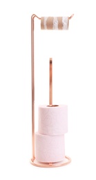 Photo of Holder with toilet paper rolls and empty tube on white background