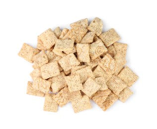 Photo of Delicious crispy breakfast cereal on white background, top view