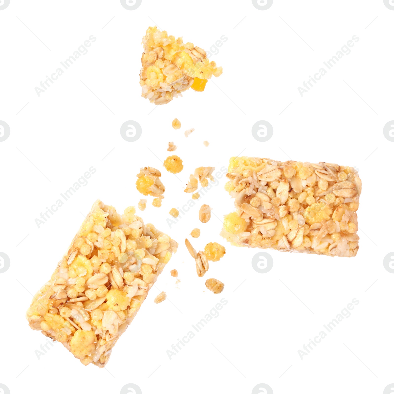 Image of Granola bar breaking in air on white background