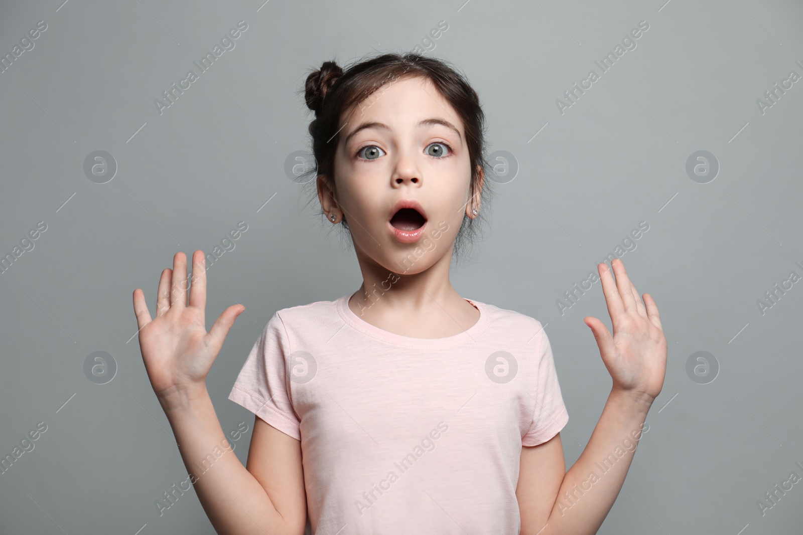 Photo of Little girl feeling fear on grey background