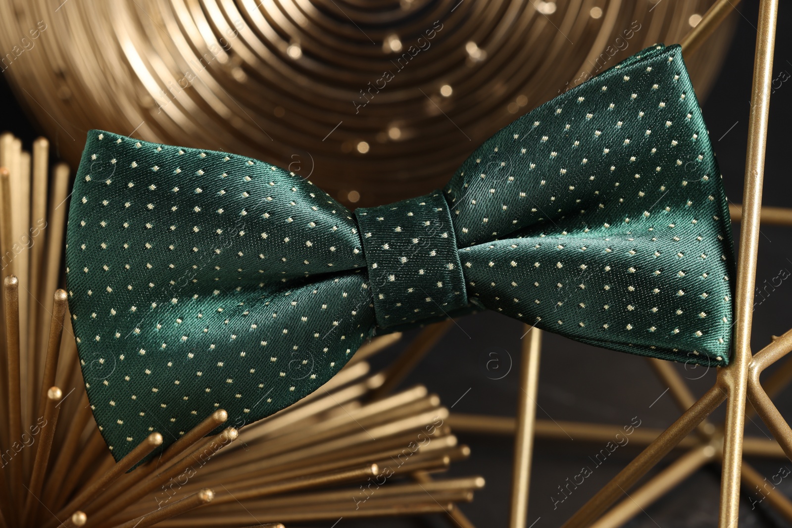 Photo of Stylish presentation of green bow tie, closeup
