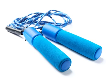 Photo of Jump rope on white background. Sports equipment