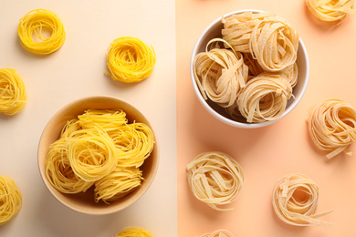 Photo of Different types of pasta on color background, flat lay