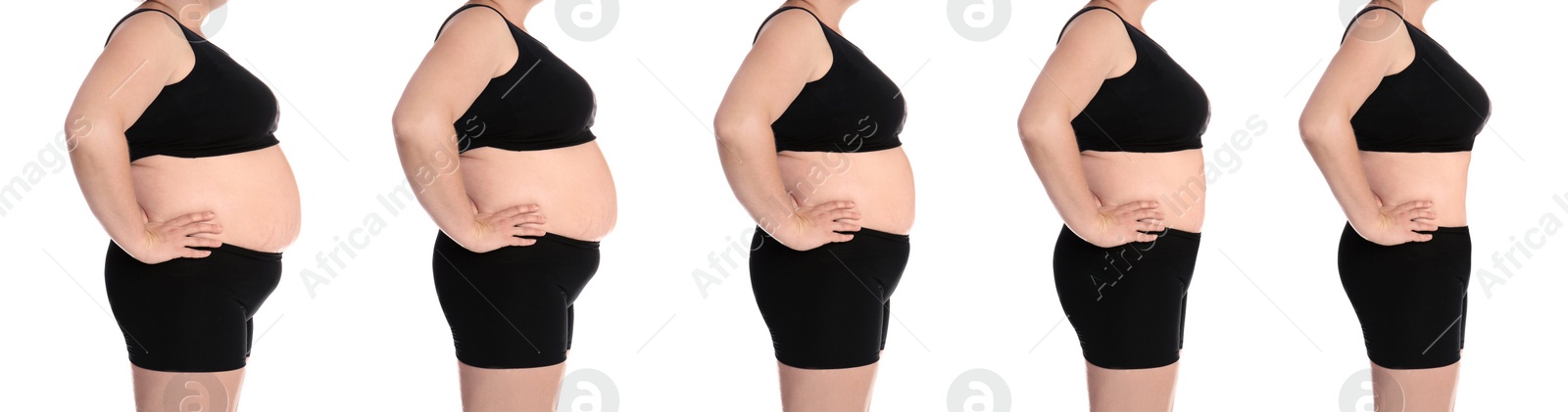 Image of Collage with photos of overweight woman before and after weight loss on white background,closeup. Banner design 