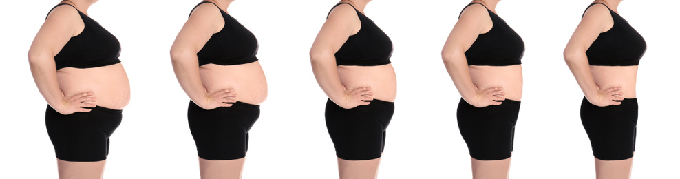 Image of Collage with photos of overweight woman before and after weight loss on white background,closeup. Banner design 