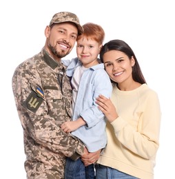 Photo of Ukrainian defender in military uniform and his family on white background