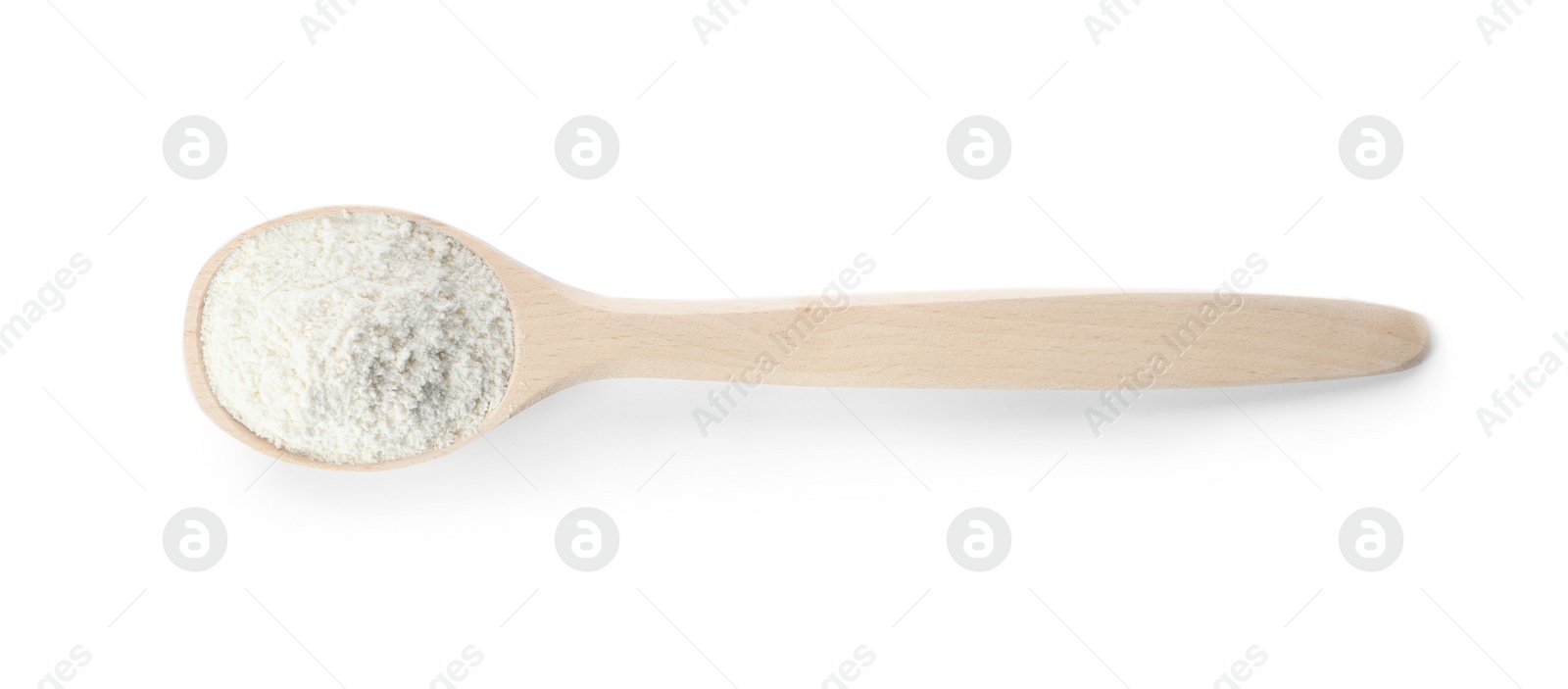 Photo of Spoon of wheat flour isolated on white, top view