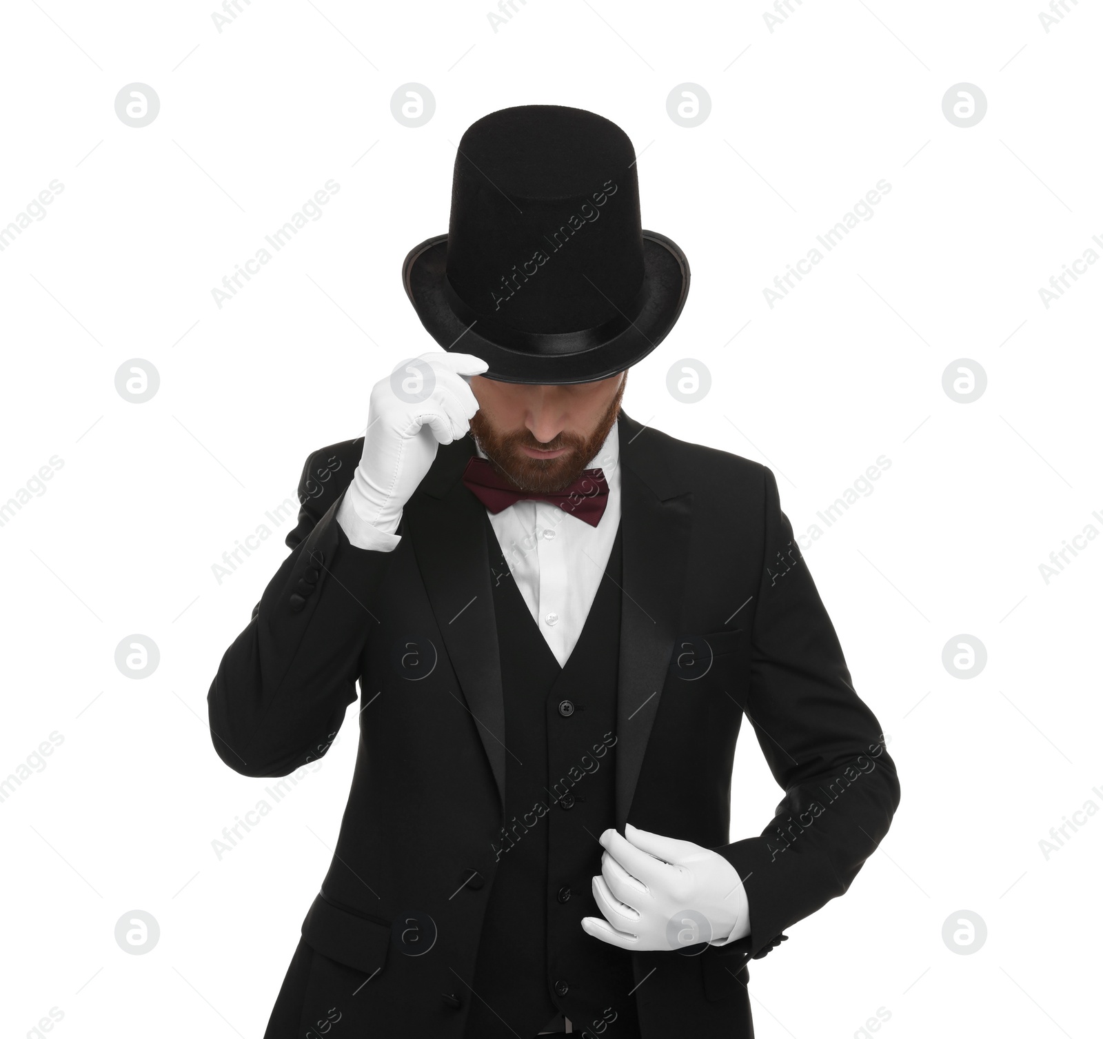 Photo of Magician in top hat on white background