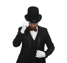 Magician in top hat on white background