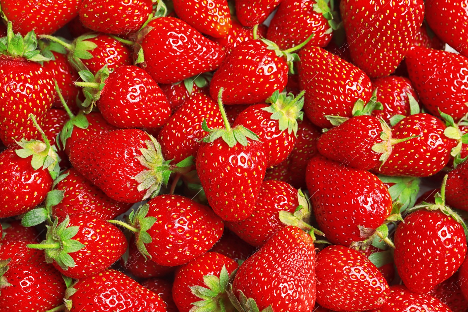 Photo of Fresh ripe strawberries as background, top view