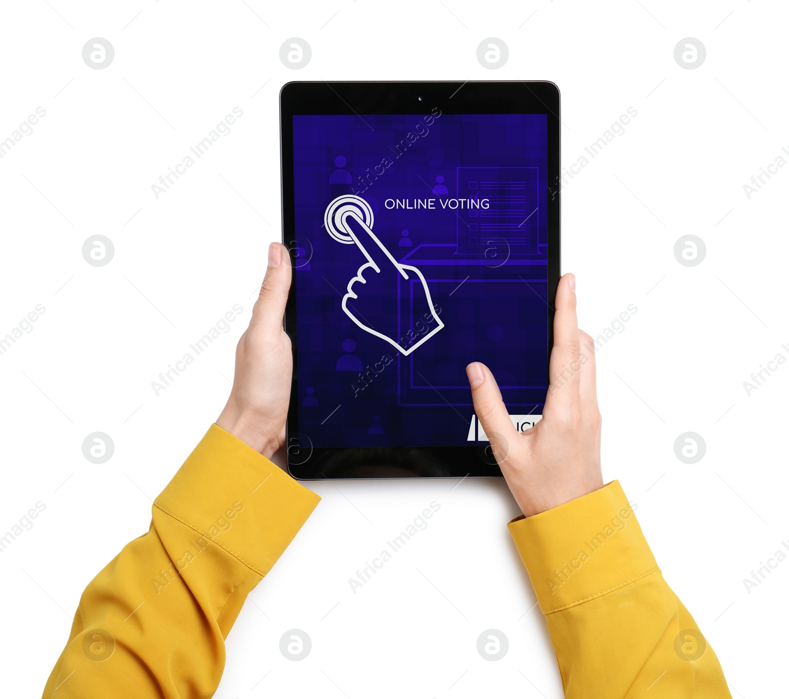 Image of Woman voting online via tablet on white background, top view