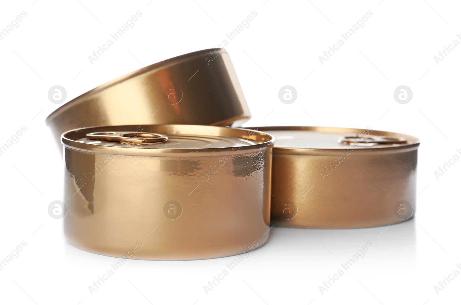 Photo of Mockup of tin cans with food on white background