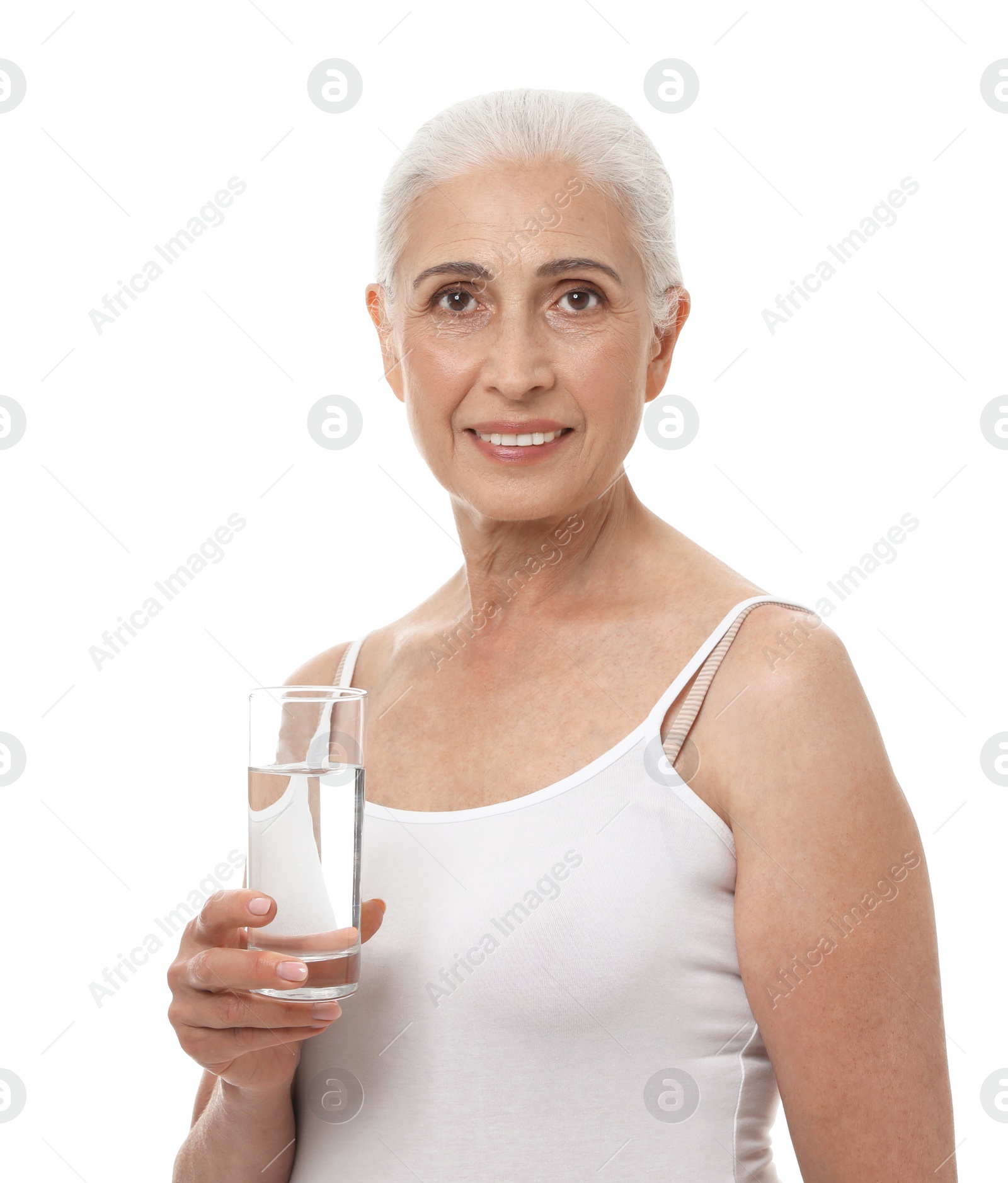 Photo of Portrait of beautiful mature woman with glass of water on white background