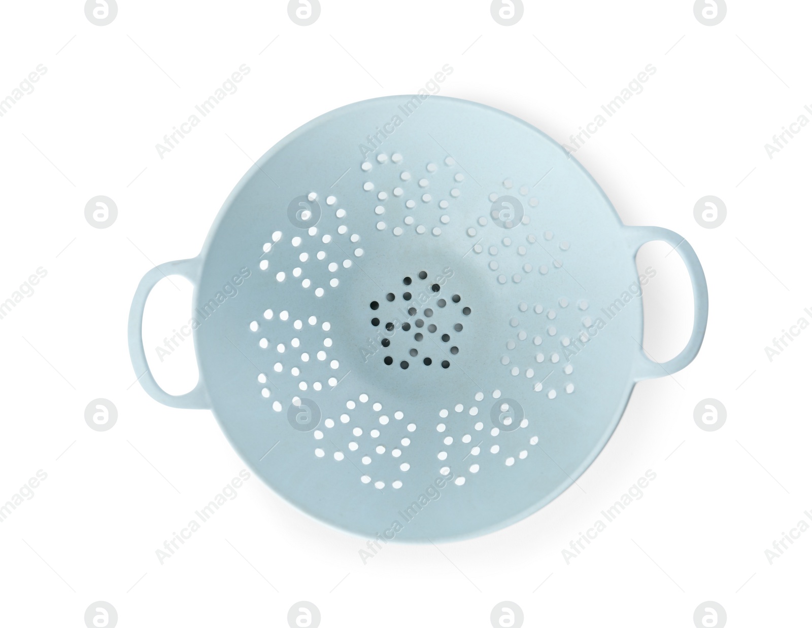Photo of New plastic colander isolated on white, top view. Cooking utensils