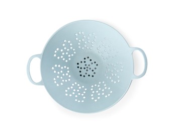 New plastic colander isolated on white, top view. Cooking utensils