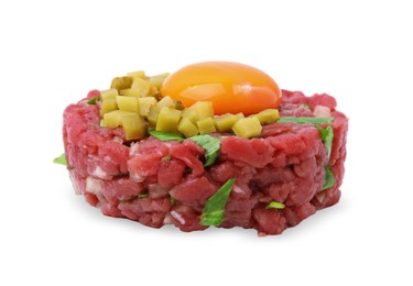 Photo of Tasty beef steak tartare served with yolk and pickled cucumber isolated on white