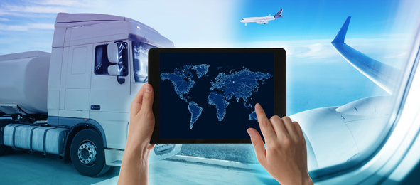 Image of Logistics concept, banner design. Woman using tablet with world map, closeup. Truck and planes on background, toned in blue