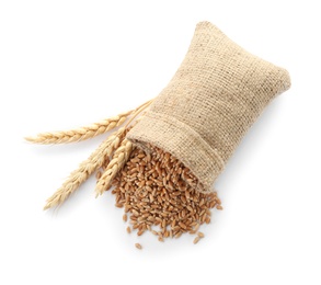 Photo of Sackcloth with wheat grains and spikelets on white background