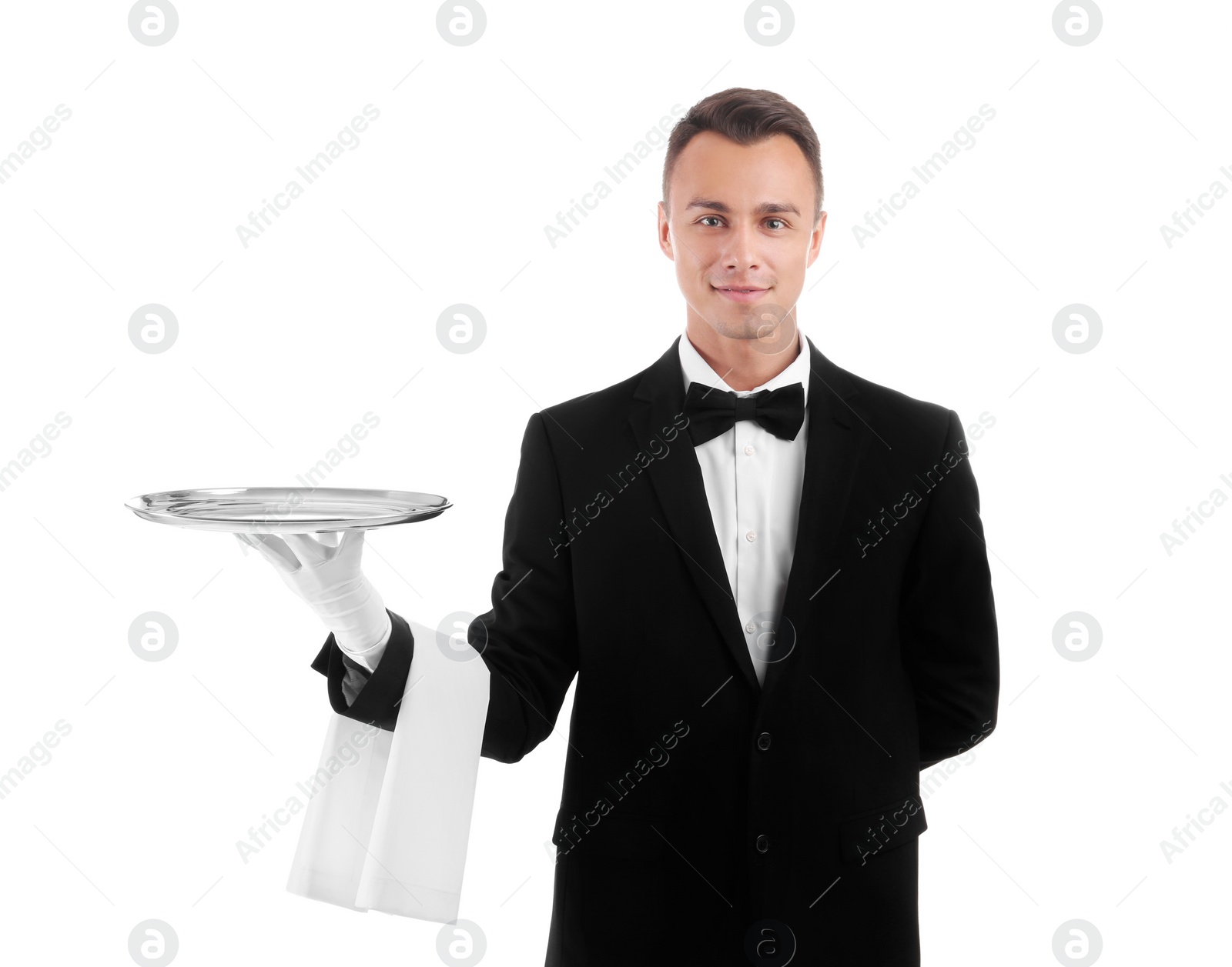 Photo of Waiter holding metal tray on white background