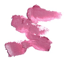 Smears of beautiful lipstick on white background, top view