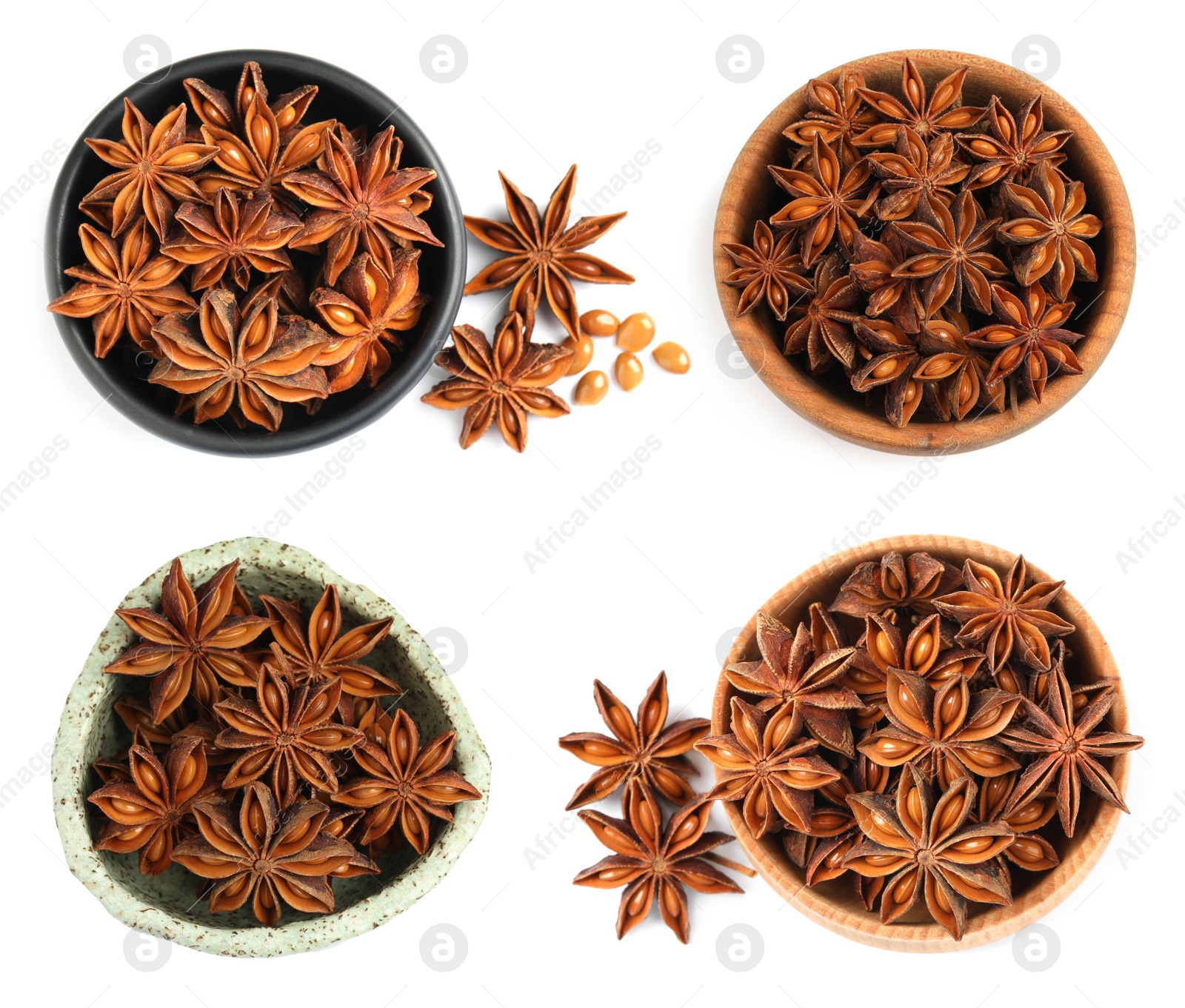 Image of Set with dry anise anise stars on white background, top view