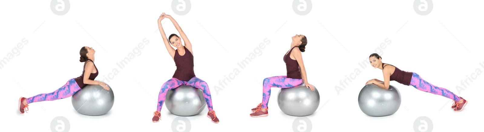 Image of Collage of woman with fitball doing exercises on white background. Banner design