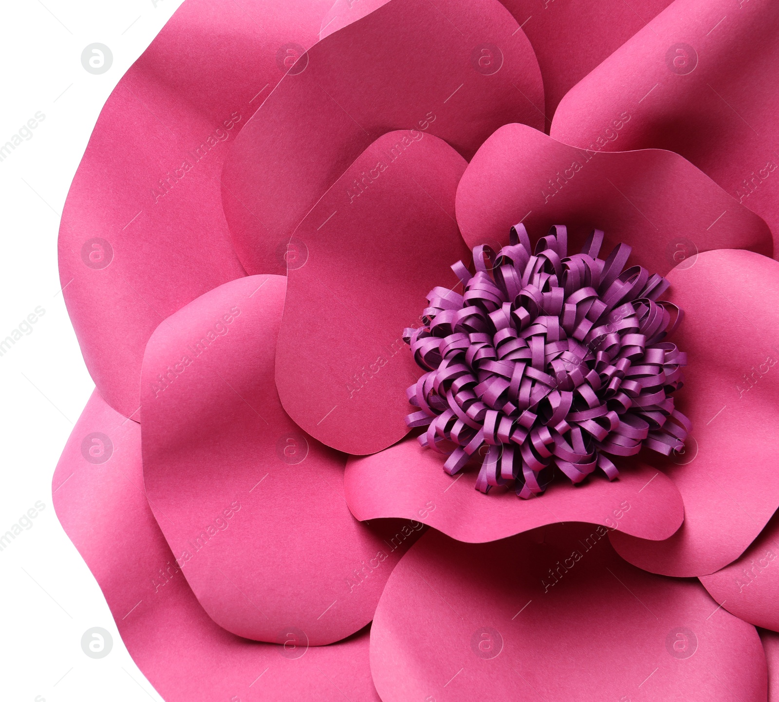 Photo of Beautiful pink flower made of paper on white background, top view