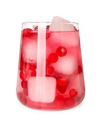 Tasty cranberry cocktail with ice cubes in glass isolated on white