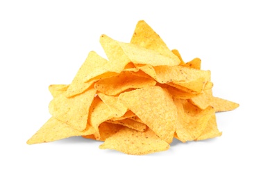 Tasty Mexican nachos chips on white background