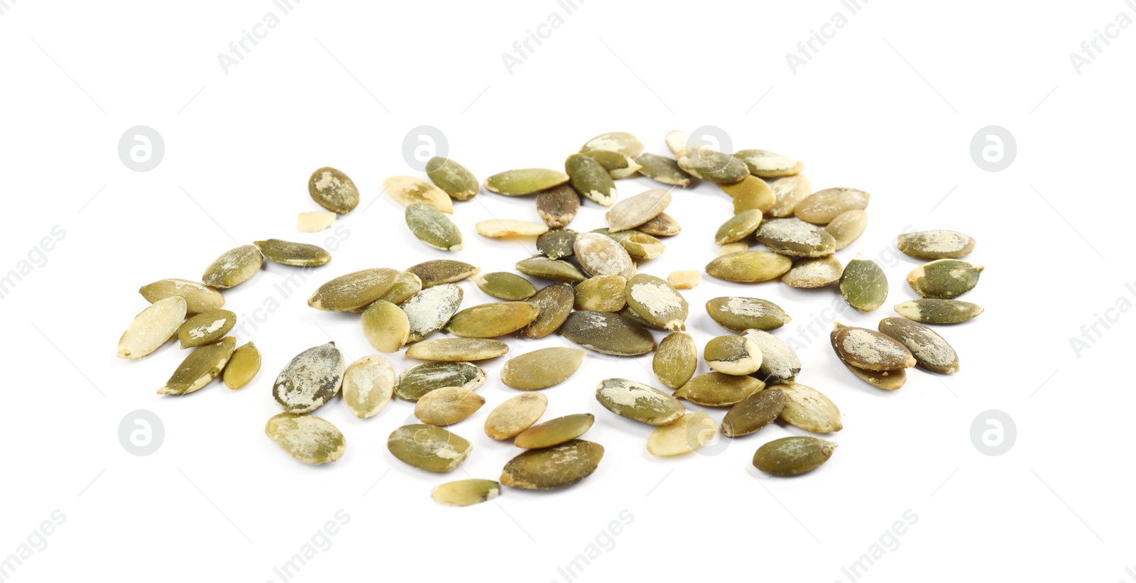 Photo of Raw peeled pumpkin seeds on white background