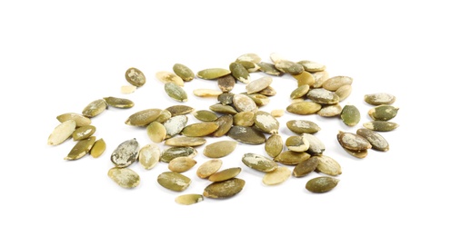 Photo of Raw peeled pumpkin seeds on white background