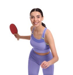Photo of Beautiful young woman with table tennis racket on white background. Ping pong player