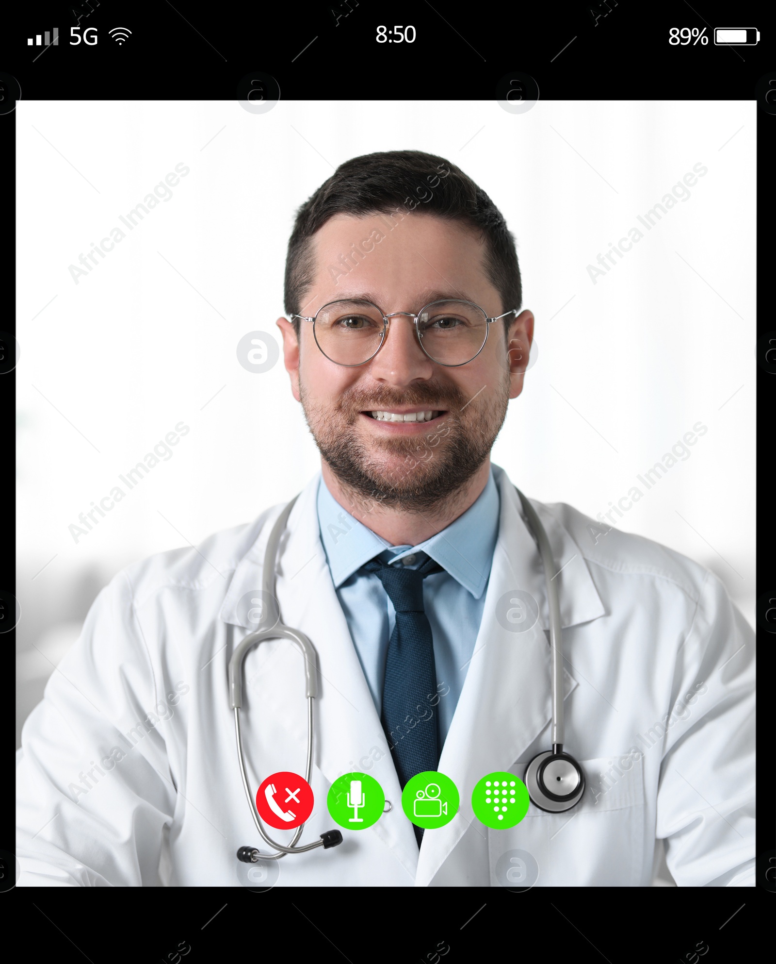 Image of Online medical consultation. Doctor working via video chat application