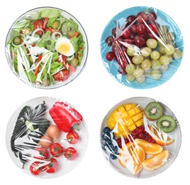Image of Top view of plates with different products wrapped with stretch film on white background, collage 