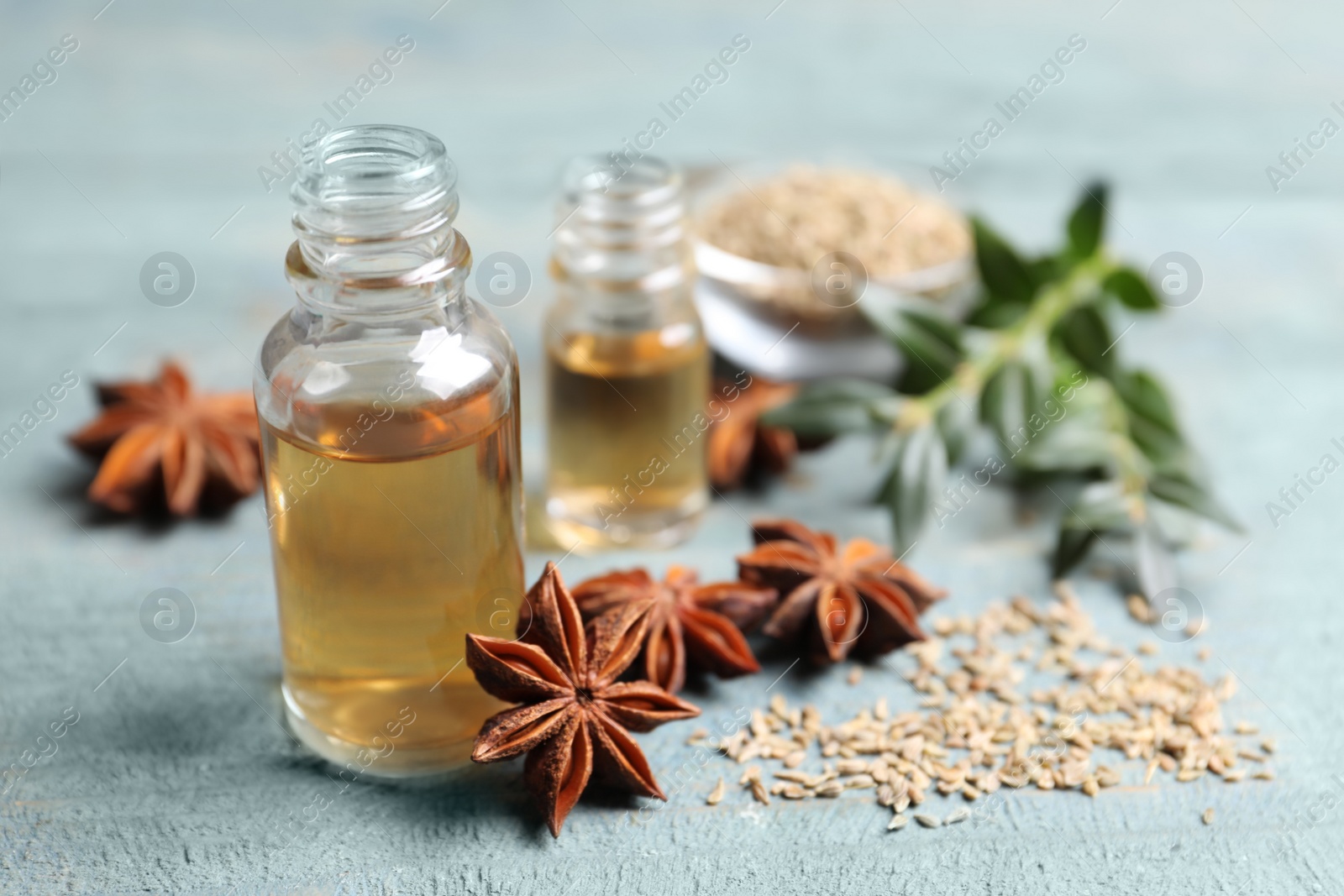 Photo of Anise essential oil and spices on light blue table