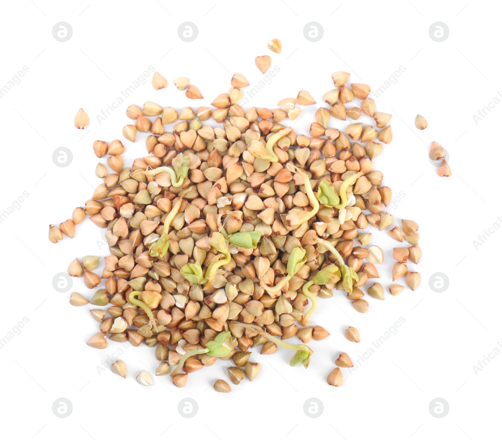 Photo of Heap of sprouted green buckwheat isolated on white, top view