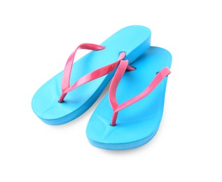 Photo of Stylish light blue flip flops isolated on white