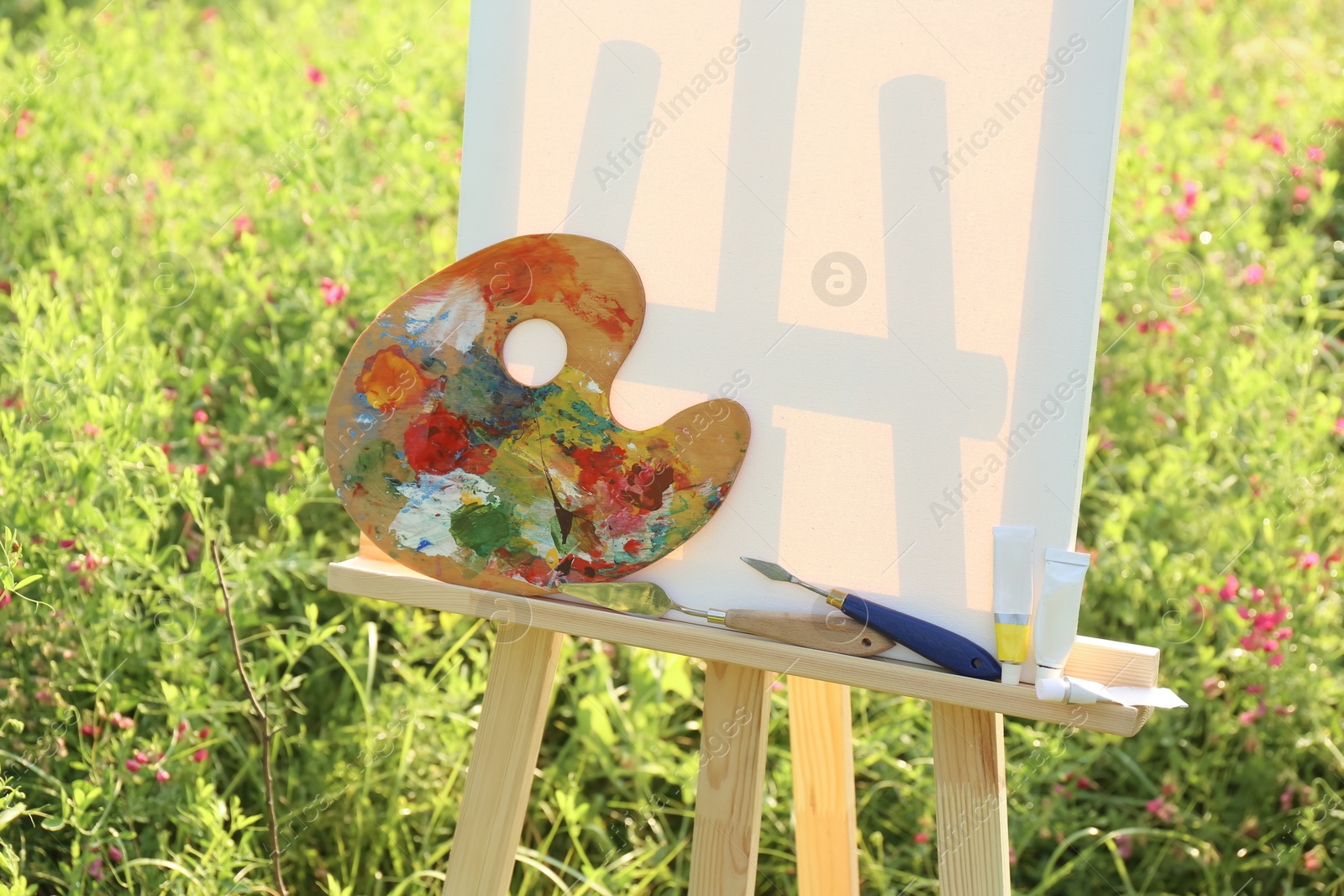 Photo of Wooden easel with blank canvas and painting equipment in meadow. Space for text