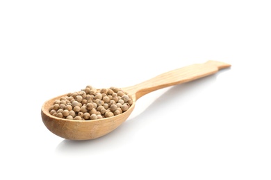 Wooden spoon with pepper grains on white background