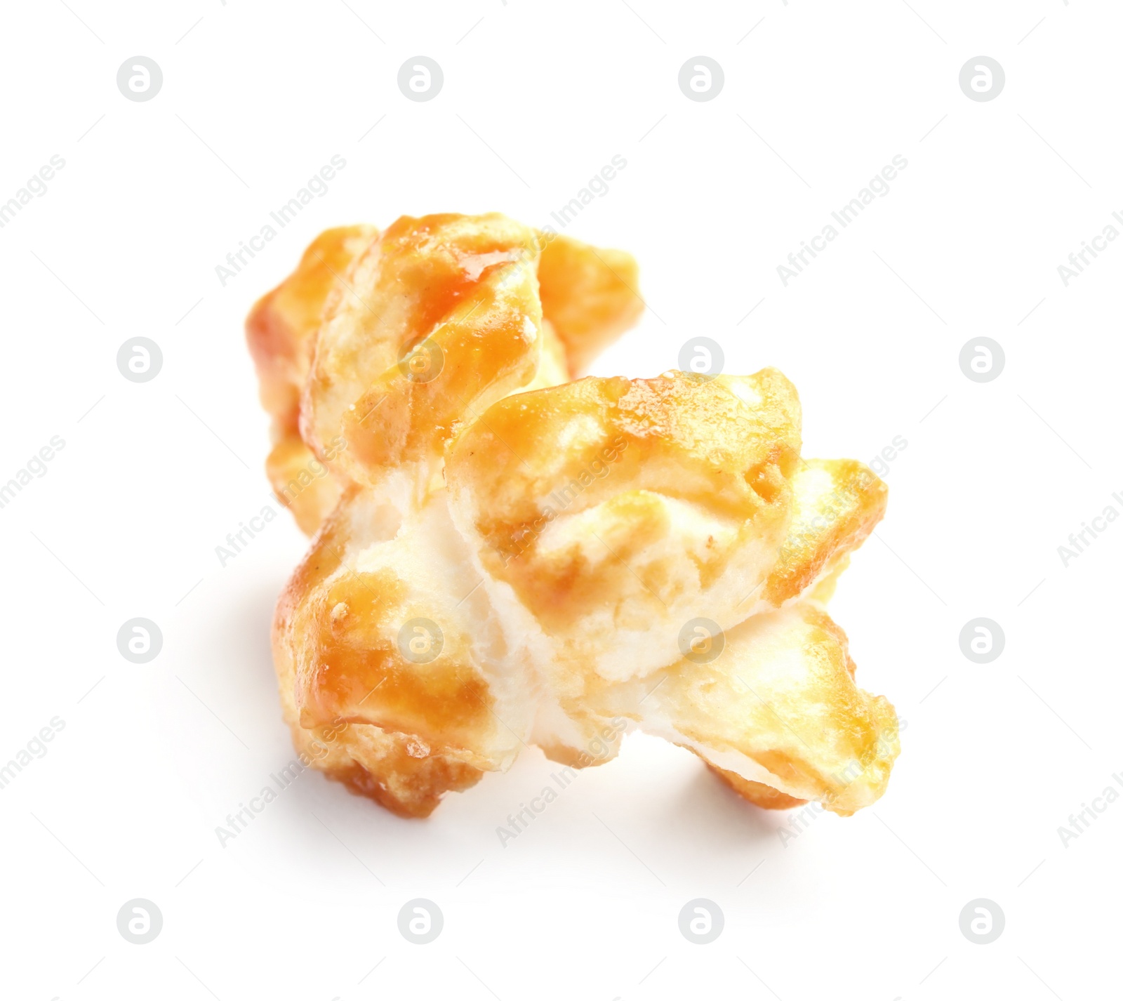 Photo of Delicious caramel popcorn on white background